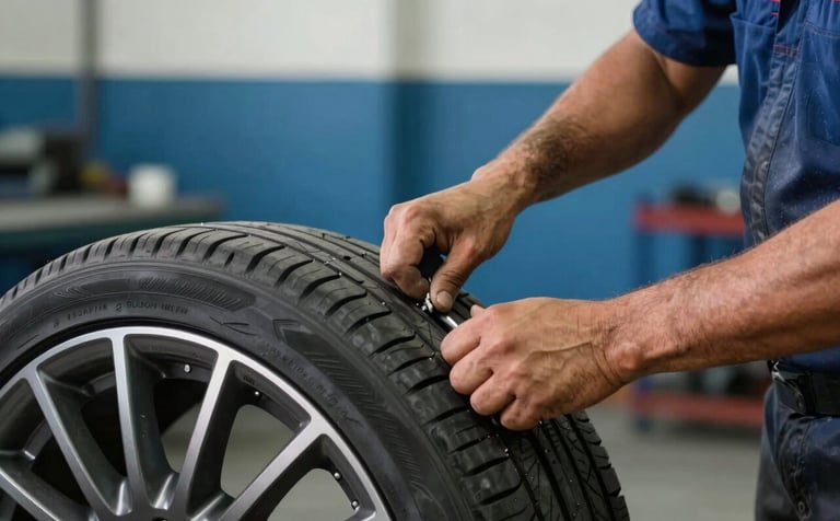 A close-up photograph of a professional mechanic's hands in a modern South American automotive shop, installing a high-performance tire onto a sleek metallic wheel. Bright, clean workshop lighting with hints of medium blue and dark blue in the background.