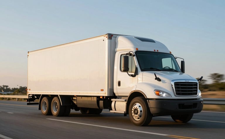 A clean, modern white box truck driving on a clear North American highway during the golden hour. The composition is a dynamic side-view shot highlighting the efficiency and speed of the vehicle. The lighting is warm and professional, emphasizing the sleek lines of the logistics truck.