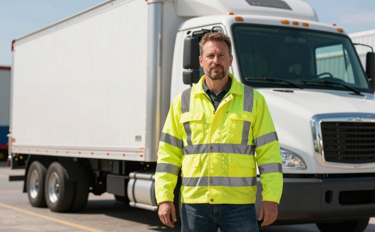 A professional truck owner in high-visibility safety attire standing confidently in front of a well-maintained box truck at a North American logistics hub. The atmosphere is bright and industrious, conveying a sense of reliability and personal dedication to the craft.