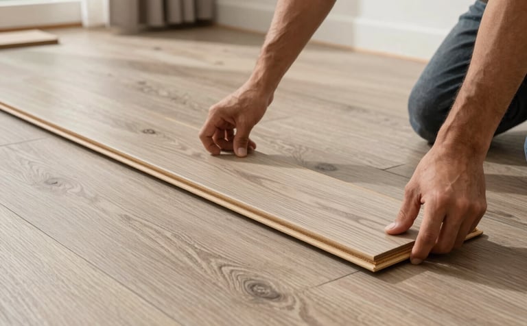 A high-quality wide shot of a professional's hands installing premium laminate planks in a sunny, modern South American / Brazilian apartment. The scene features soft beige and warm brown-grey tones, emphasizing the clean lines and elegant texture of the wood-style flooring.