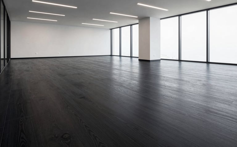 A wide professional shot of a modern, high-end South American / Brazilian office space showcasing charcoal black laminate flooring. The space is bright and minimalist, demonstrating a perfect, level installation that reflects soft overhead lighting.