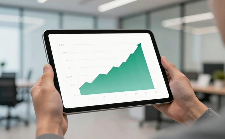 A close-up shot of a professional hand holding a sleek tablet. The tablet shows a growth chart trending upwards in teal (#3C8D7F). The background is a slightly blurred, modern office space with clean lines and professional decor.