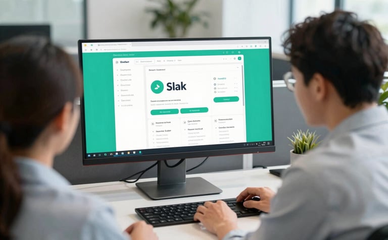 A collaborative office scene where professionals are looking at a large monitor displaying a Slack workspace with teal (#3C8D7F) accents. The atmosphere is energetic, clean, and results-focused.