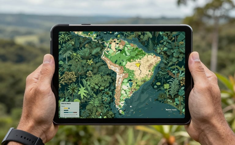Handheld tablet showing a complex GIS map overlaying a lush forest area in South American / Brazilian landscape, outdoors, professional field gear visible, bright daylight, expert and secure mood.