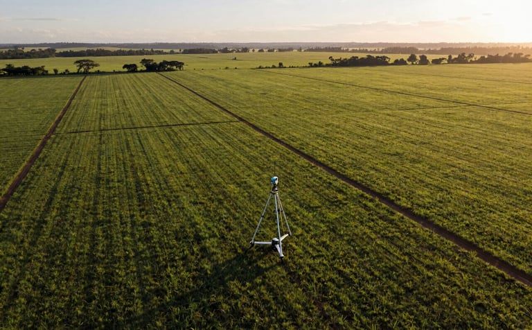 A high-altitude aerial view of a vast South American / Brazilian farm with clearly defined boundaries, professional surveying equipment set up in the foreground, golden hour sunlight highlighting the green landscape, sharp focus, professional photography.