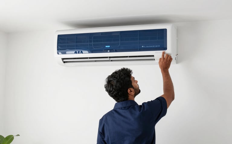 A high-end split air conditioner being installed by a specialist on a minimalist white wall in a South Asian / Indian living room. The lighting is clean and professional, emphasizing a modern lifestyle and trust. The palette includes Dark Navy and Steel Blue tones.