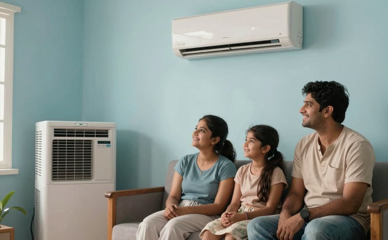 A happy family in a comfortable South Asian / Indian home enjoying the cool breeze from a rented AC unit. The atmosphere is calm and relieved, with Soft Sky Blue and Pale Mist lighting. High-quality lifestyle photography style.