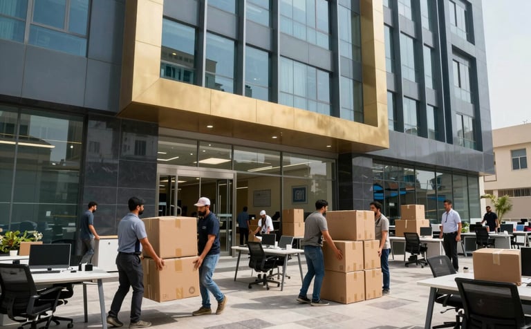Wide-angle photography showing an efficient office relocation in progress. Workers are moving organized boxes and desks into a modern corporate building in Mecca. The scene is dominated by professional tones of muted steel blue and metallic gold accents on the branding.