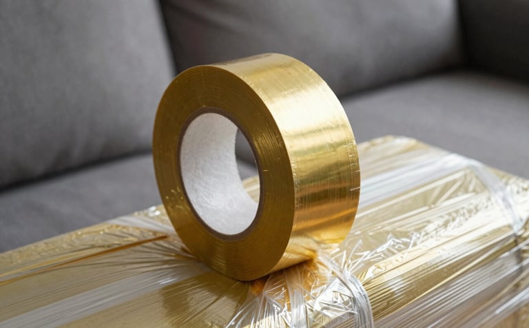 Close-up macro photography of high-quality packing materials. A sofa is being wrapped in thick protective film with metallic gold colored tape. The focus is on the precision and thickness of the padding, ensuring total protection.
