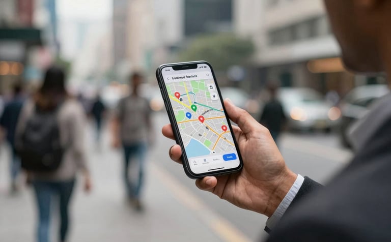 A person in professional South Asian attire holding a smartphone showing a digital map in a bustling urban environment, representing local business optimization, shallow depth of field, high-end commercial photography style.