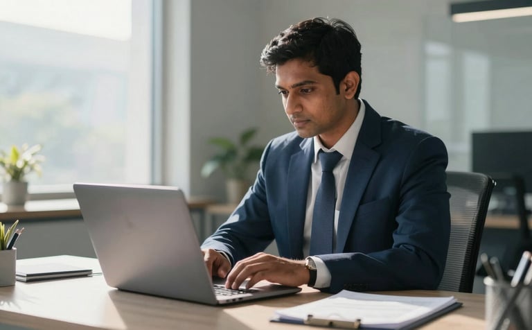 A sophisticated South Asian professional in a modern, sunlit office in Coimbatore, focused on a sleek laptop screen, soft morning light illuminating a clean workspace, professional photography with deep blue and soft gray tones.