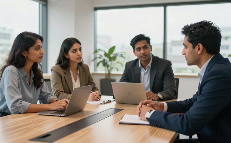 A collaborative marketing team of South Asian professionals discussing strategy around a modern conference table with light-colored wood, professional atmosphere, soft natural lighting through large windows.