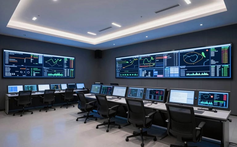 A wide-angle professional photograph of a sophisticated digital command center in the US. Large screens on dark gray walls display real-time app performance data. The room is modern and minimalist with bright blue lighting accents.
