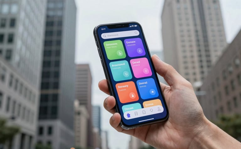 Detailed photography of a hand holding a high-end smartphone in a North American urban business district. The screen shows a vibrant, user-centric mobile dashboard. The background features modern architecture in medium gray tones under soft daylight.