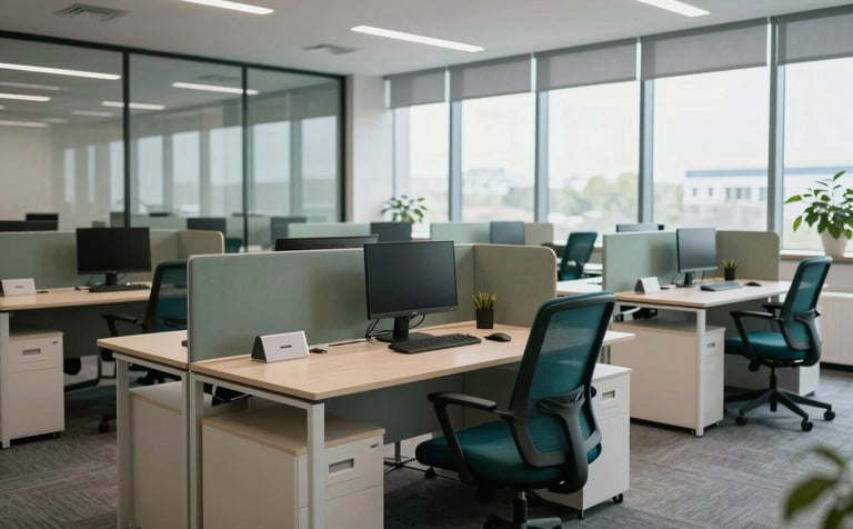 A modern office space with large windows and glass partitions. The desks are perfectly organized and dust-free. The color palette features deep forest teal office chairs and soft sage accents, conveying professional efficiency.