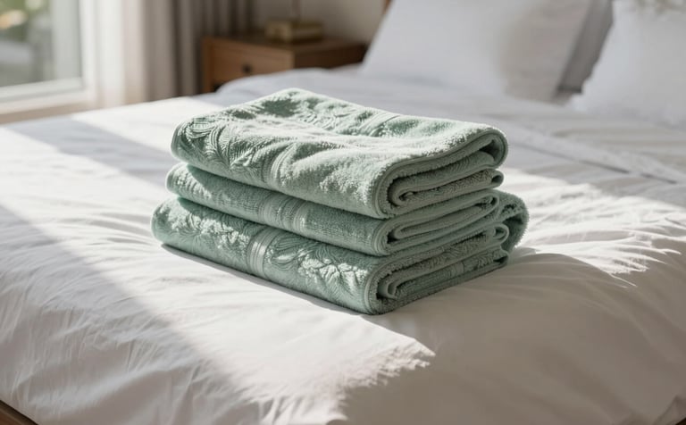 A sun-drenched bedroom in a vacation home with crisp minty white linens. A neat stack of fluffy towels in soft sage rests on the bed. The atmosphere is serene and spotless, suggesting a premium hospitality experience.