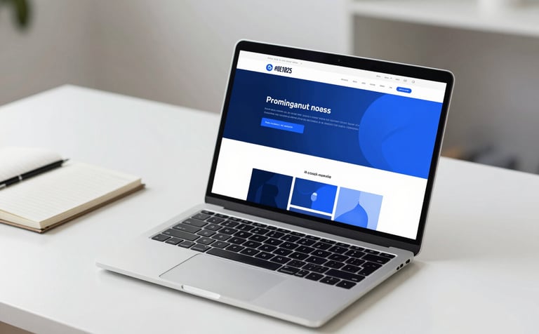 A minimalist, high-end photograph of a workspace. A sleek silver laptop sits on a clean white desk next to a notebook. The laptop screen displays a modern website layout with blue accents. The lighting is soft and natural, emphasizing a professional and cutting-edge atmosphere. Incorporates brand colors #0E1B25 and #6C8CA7 in the digital screen design.