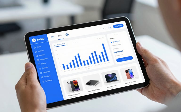 A close-up of a tablet held by a developer, showcasing a vibrant e-commerce dashboard with graphs and product images. The background is a modern, slightly blurred office environment with cool tones. The composition is clean and trustworthy. The brand's #2F4858 and #6C8CA7 colors are reflected in the UI elements on the tablet.
