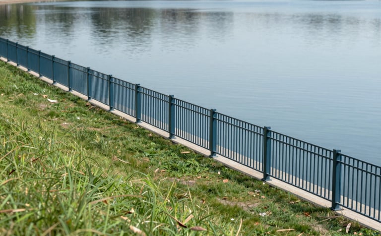 A clean, well-maintained shoreline with a modern security fence. The grass is neatly trimmed, and the water's edge is free of debris. Professional craftsmanship is evident in the fencing. Brand colors #4F7F8F and #A0CBD9 reflected in the lake and metalwork.