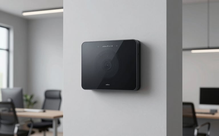 A professional-grade Android wall terminal installed in a modern North American home office. The lighting is crisp and efficient, and the surrounding walls are a clean, light grey, emphasizing the device's high-tech aesthetic.