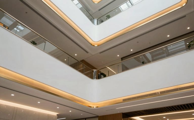 Architectural shot of a modern multi-level white false ceiling in a professional South Asian office lobby. Subtle recessed lighting and gold-painted cove accents create a sophisticated, luxury atmosphere. Sharp geometric lines and professional minimalist styling.
