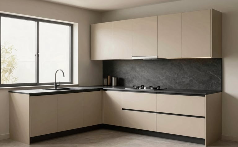 A high-resolution photography of a minimalist L-shaped modular kitchen in a South Asian home. Features champagne-colored sleek cabinets, charcoal countertops, and soft natural light from a window. The style is modern and luxury-focused with a clutter-free environment.