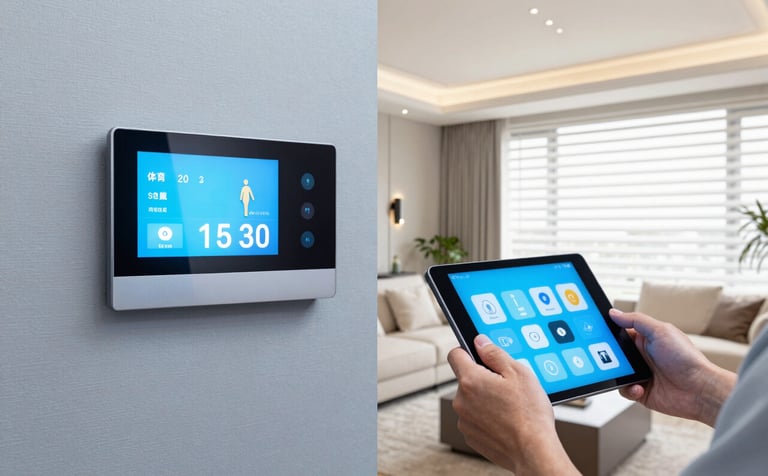 A high-resolution interior shot of a modern South American / Brazilian living room with integrated smart home technology. A person's hand is seen holding a tablet, adjusting the lighting and window blinds. The room features professional lighting, minimalist furniture, and a clean aesthetic with sky blue and off-white color accents.