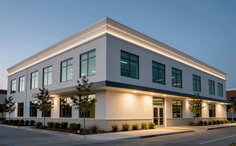 Wide-angle photography of a clean, modern North American / US commercial building at twilight. The environment is professionally protected, featuring subtle dark forest green and soft off-white lighting on the architecture, representing total security.