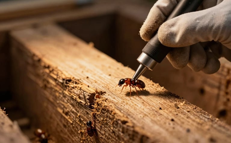Macro photography of a professional termite inspection in a North American / US residential crawl space. A gloved hand uses a professional tool against aged wood, illuminated by warm golden brown lighting, conveying thoroughness and peace of mind.