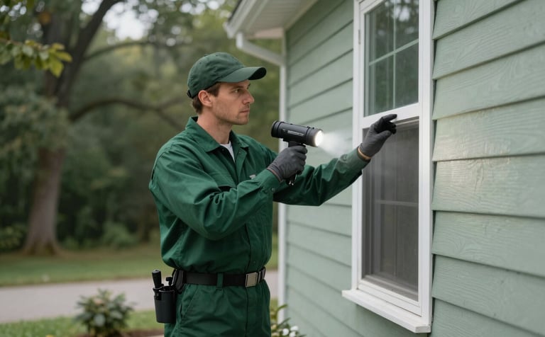 A professional pest control technician in a dark forest green uniform inspecting a modern North American / US suburban home exterior with a high-powered flashlight during a clear morning. The atmosphere is reliable and efficient, with soft sage green accents in the background foliage.