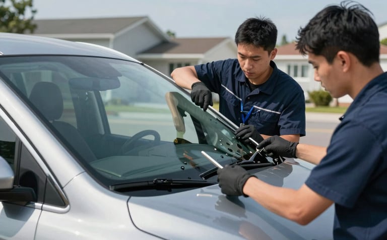 Professional photography of two technicians in clean uniforms carefully installing a new, high-quality windshield onto a modern SUV in a North American / US suburban setting. The scene is bright and professional, emphasizing the meticulous placement and the gleaming silver trim of the vehicle, with soft blue and gray tones in the background.