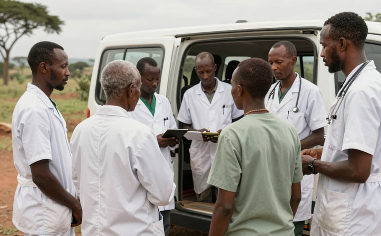 A professional medical team in an East African / Ethiopian rural setting setting up a mobile clinic. They are wearing professional attire with soft white and muted sage green elements. The background shows a hopeful landscape. Natural lighting, professional photography.