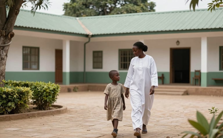 An outdoor courtyard in an East African / Ethiopian community center with greenery. A counselor and a child walk together in a peaceful environment. Colors of soft white and muted sage green. High-quality photography.