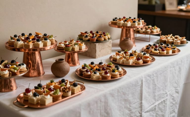An elegant wide-angle shot of a catering station at a modern Latinoamericano corporate event. Beautifully arranged appetizers on copper platters, white linens, and decorative earthy elements. The lighting is sophisticated and warm, highlighting a professional and welcoming atmosphere. Tones of beige and muted copper dominate.