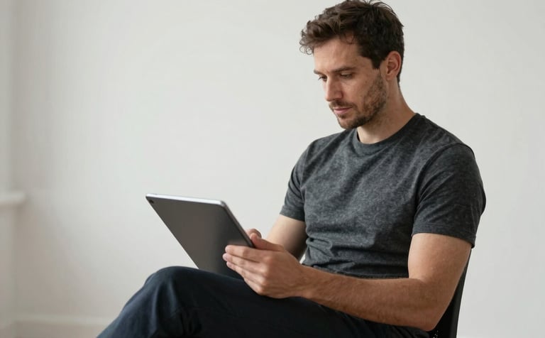 A professional man in a bright, modern studio in Nottingham, England. He is wearing a high-quality charcoal t-shirt and dark trousers, looking thoughtfully at a digital tablet held in his hands. The lighting is soft and professional, highlighting a grounded and expert atmosphere.