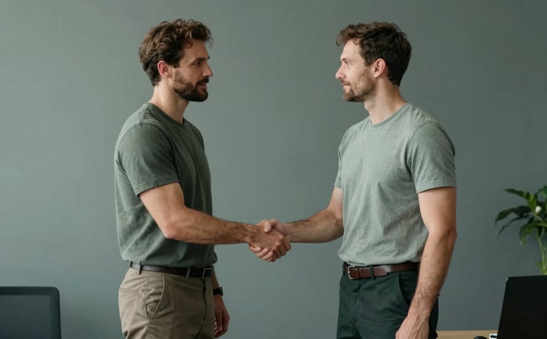Two men in a professional, minimalist North American office setting. Both are dressed in smart-casual attire with t-shirts and trousers. They are engaged in a confident, professional handshake, symbolizing a successful partnership. The palette features muted green and slate tones.
