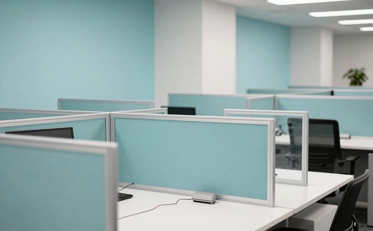 A professional commercial office setting in Bradenton, Florida. The scene shows a clean, organized workspace with glass partitions and white desks. Soft cyan and ocean teal corporate elements are visible in the background. The lighting is bright and efficient, conveying a sense of modern productivity and hygiene.