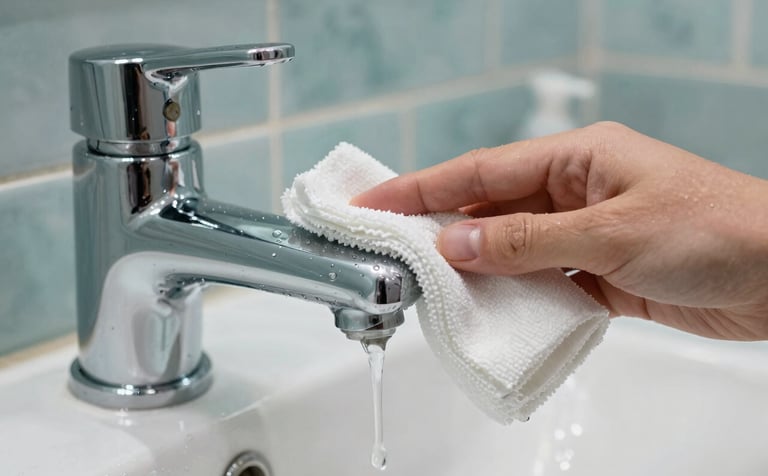 A close-up photograph of a meticulous cleaning process. A hand using a microfiber cloth cleans a polished chrome faucet in a bright bathroom. Water droplets are sparkling against the clean surface. The palette includes arctic mist tiles and soft cyan reflections, highlighting the attention to detail.