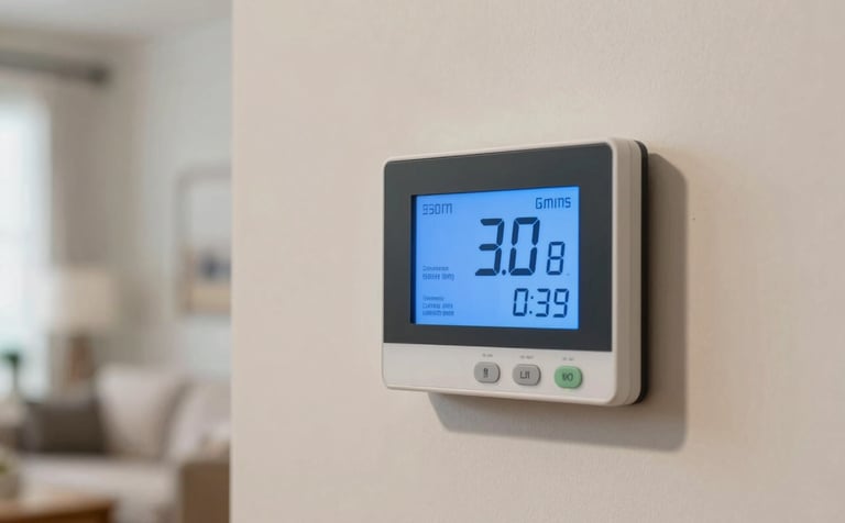 A close-up photograph of a modern digital thermostat mounted on a clean wall in a North American / US living room. The screen displays a comfortable temperature with a bright blue backlight. The atmosphere is warm and inviting, suggesting a perfectly managed indoor climate.