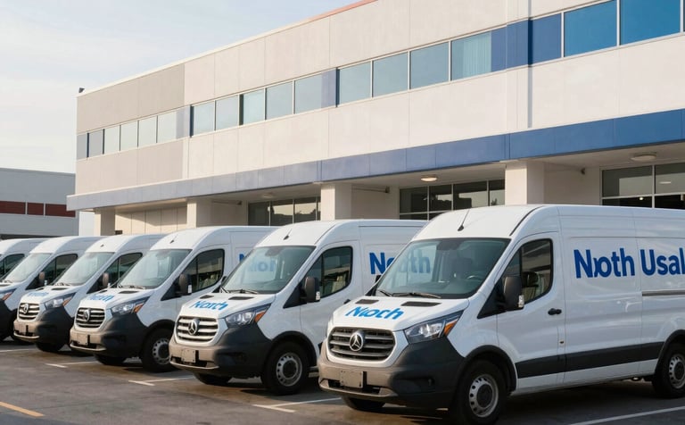 A fleet of white service vans with bright blue and dark navy branding parked in front of a modern North American / US commercial complex. The lighting is crisp morning sun, emphasizing professional efficiency and a readiness to serve local businesses.