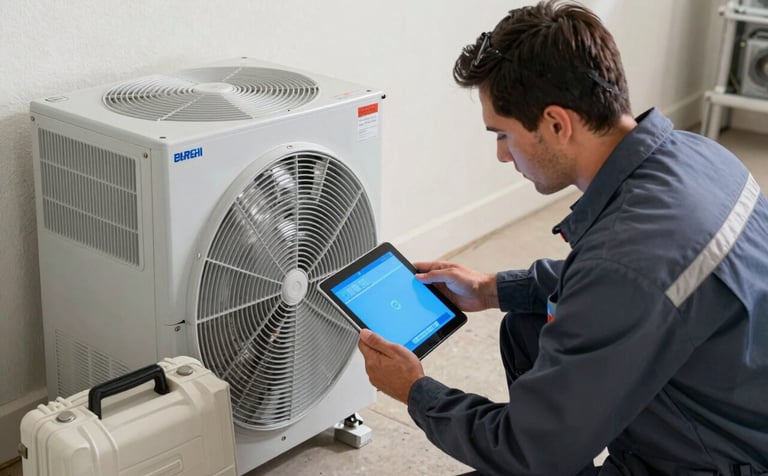 A professional HVAC technician in clean work attire inspecting a modern indoor furnace system in a North American / US suburban basement. The scene is lit with bright, clean light reflecting the brand's reliability. The technician uses a tablet with a bright blue interface, and a soft off-white service kit is nearby.