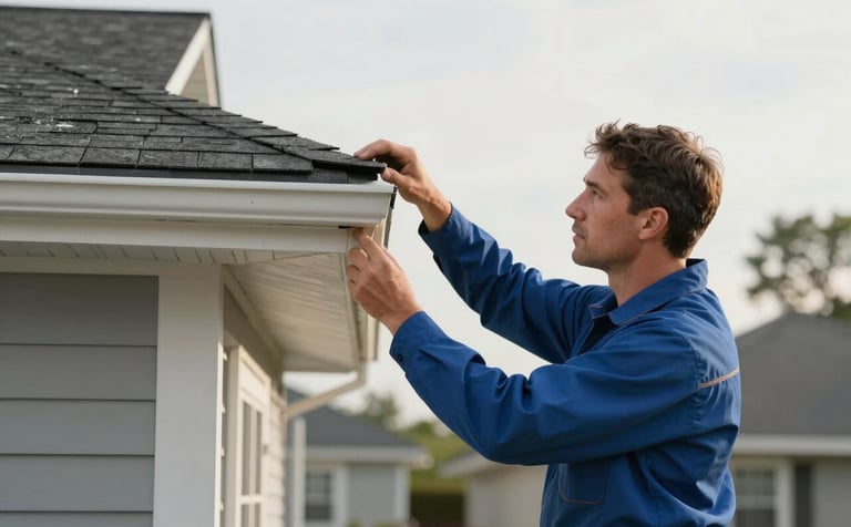 A professional North American restoration expert in a clean uniform inspecting the eaves and shingles of a residential property after a storm. The scene conveys reliability and meticulous care, with a soft daylight glow and a palette of muted blue-grey and white.