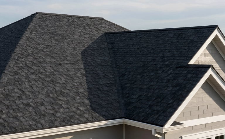 A high-angle, professional photograph of a freshly installed charcoal asphalt shingle roof on a modern North American home. The sunlight highlights the precision and clean lines of the craftsmanship, with a soft blue-grey sky in the background and white architectural accents.
