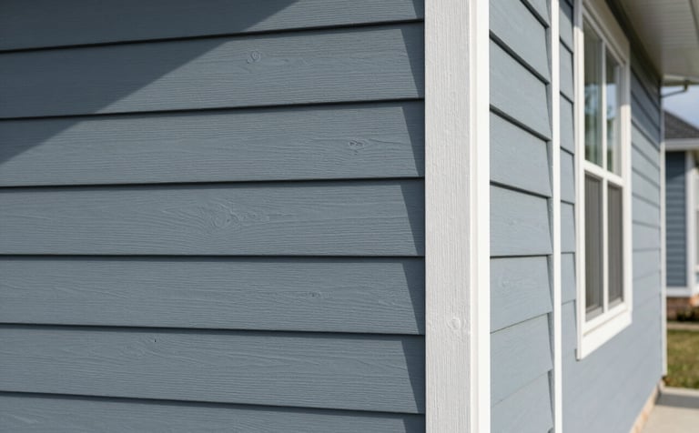 A close-up shot of elegant muted blue-grey horizontal siding on a contemporary North American suburban house. The lighting is crisp morning sun, showcasing the clean texture and professional fit of the panels against white window trim.