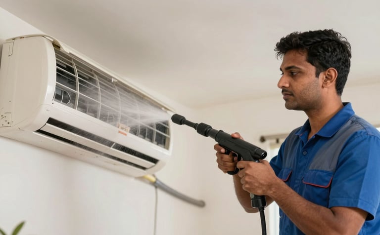 A focused South Asian / Indian service expert performing a thorough high-pressure jet wash on an air conditioner unit. Fine water mist visible, professional gear, clean indoor setting in an Indian home.