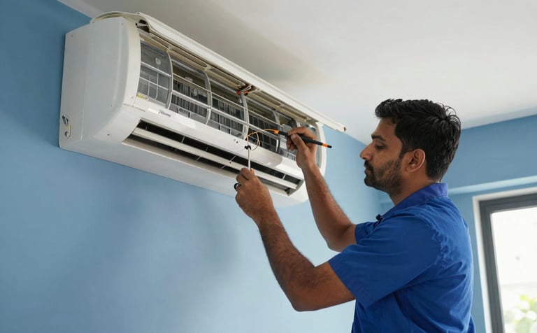 A professional South Asian / Indian technician in a clean uniform using specialized tools to repair a wall-mounted split air conditioner inside a modern apartment in Noida. Bright, natural lighting with Steel Blue and Light Blue accents in the room decor.