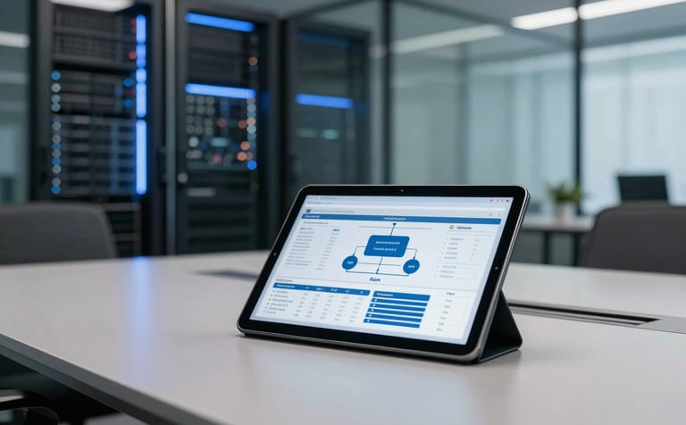 A sleek, glass-walled conference room in a high-rise North American corporate office. A tablet on the table displays complex organizational data. The background features soft blue lighting from server hardware, emphasizing reliability and scale.