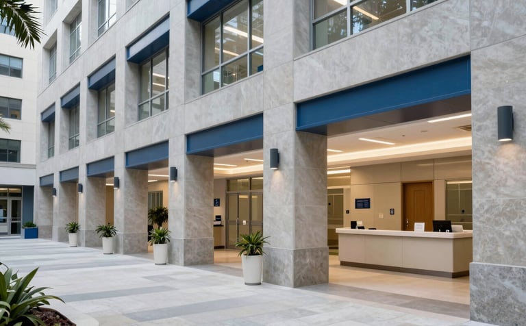A clean, sophisticated medical facility lobby in a North American / US / California city. The architecture is modern with pale mist grey stone and deep steel blue accents. The lighting is bright and reassuring, focusing on a sense of trust and institutional order. Photography is sharp and professional.