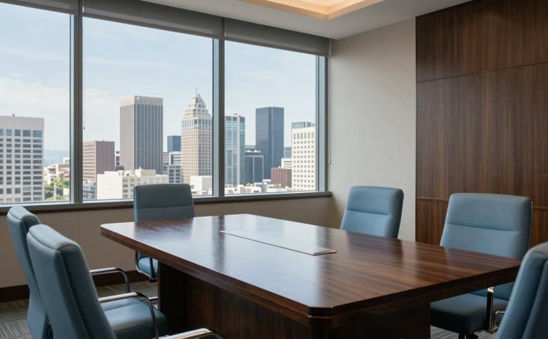 A polished, professional legal consultation room in a North American / US / California high-rise building. Through the large windows, a city skyline is visible under a clear sky. The interior features a heavy dark wood table and chairs with soft sky blue upholstery, reflecting a sense of integrity and reliability. Professional, cinematic lighting.