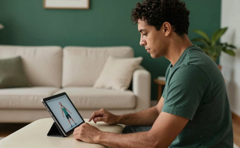 A Brazilian patient in a comfortable living room following a guided physical therapy routine shown on a tablet screen. The atmosphere is calm and focused, with deep green and off-white colors in the South American home setting.
